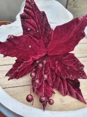 small velvet burgundy poinsettia pick